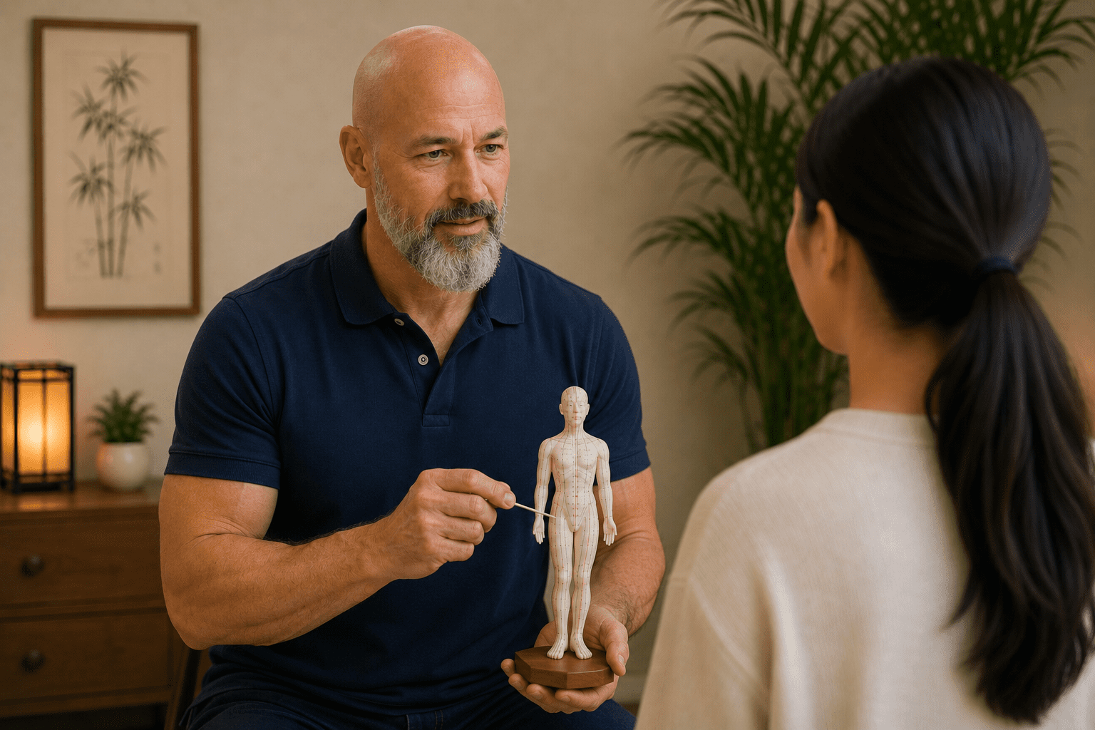Licensed acupuncturist using an acupuncture meridian model to explain how acupuncture works to a patient during a consultation.