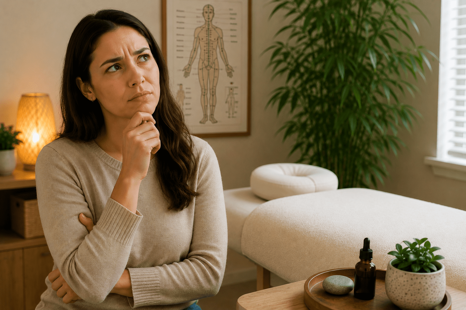 Woman sitting in a clinic setting with a thoughtful and slightly skeptical expression, deliberating whether acupuncture is the right fit for her.
