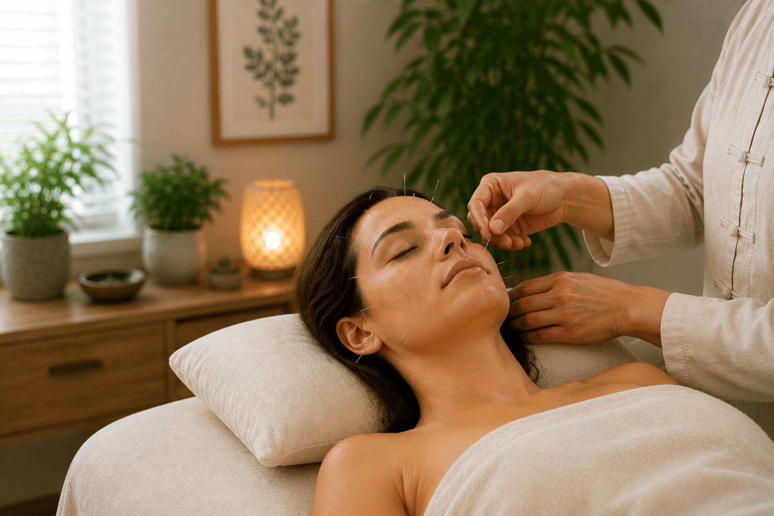 Licensed acupuncturist placing fine needles along the face and neck of a patient resting peacefully on a treatment table in a calm clinic setting.