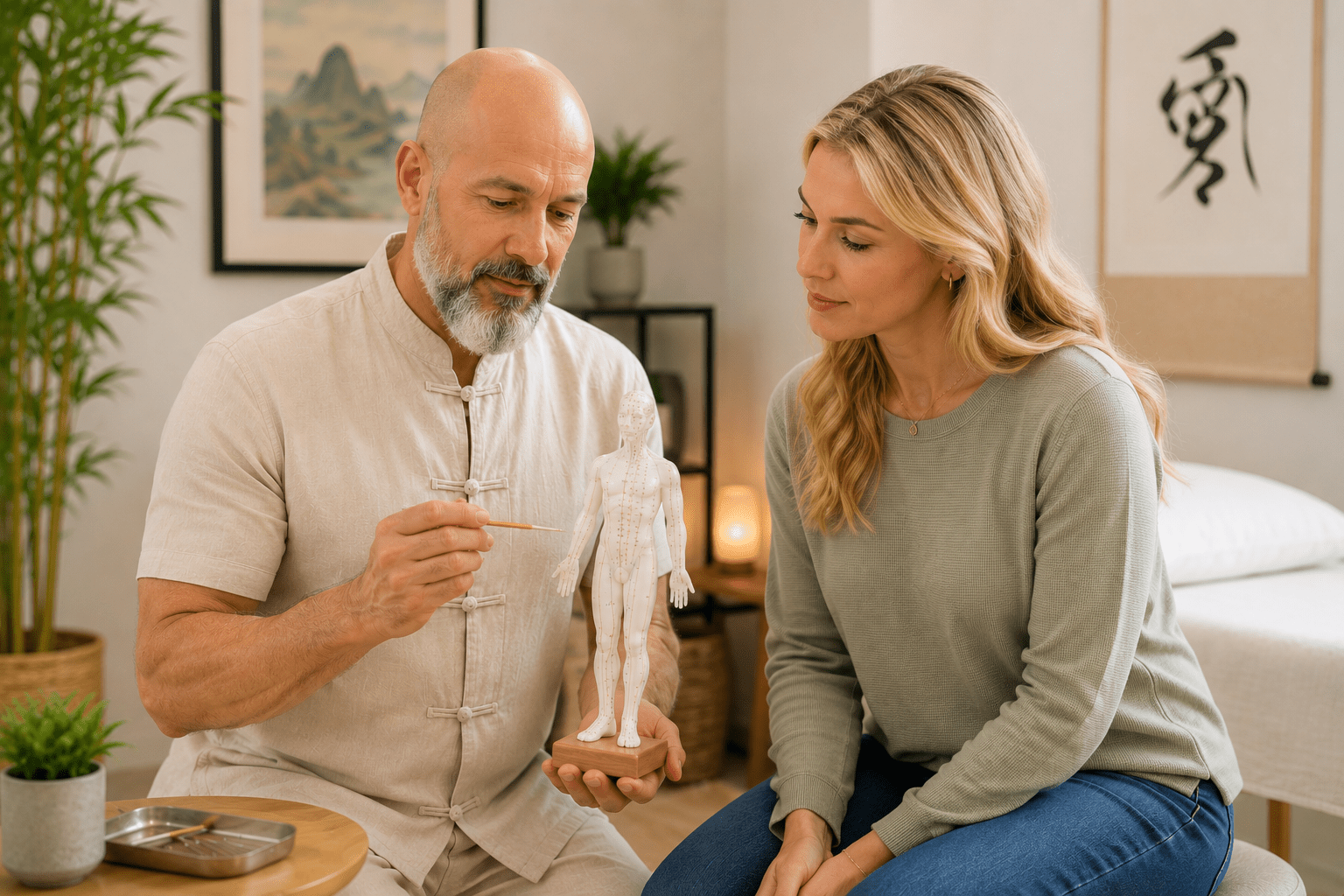 A licensed acupuncturist in a professional clinical setting explaining acupuncture points on an anatomical model to a female patient during a consultation at Above and Beyond Acupuncture in Scottsdale.