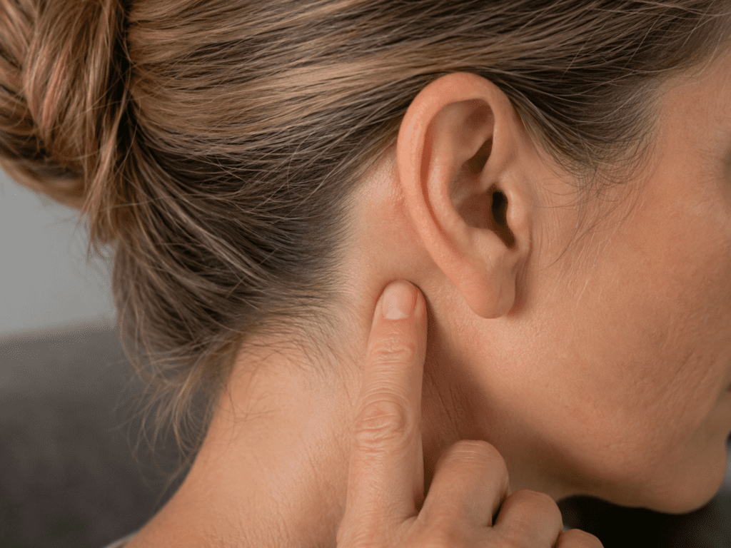 Close-up of a woman pressing her index finger on Anmian, the acupressure point behind the earlobe.