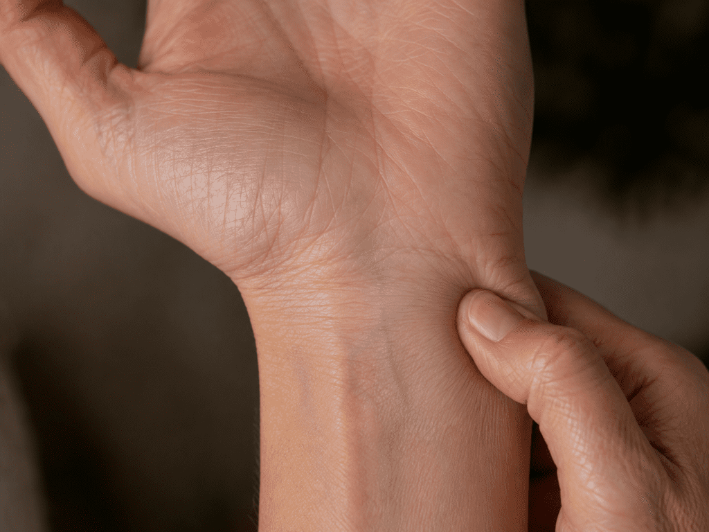 Close-up of a thumb pressing on HT7, the acupressure point on the pinky-side of the inner wrist crease.