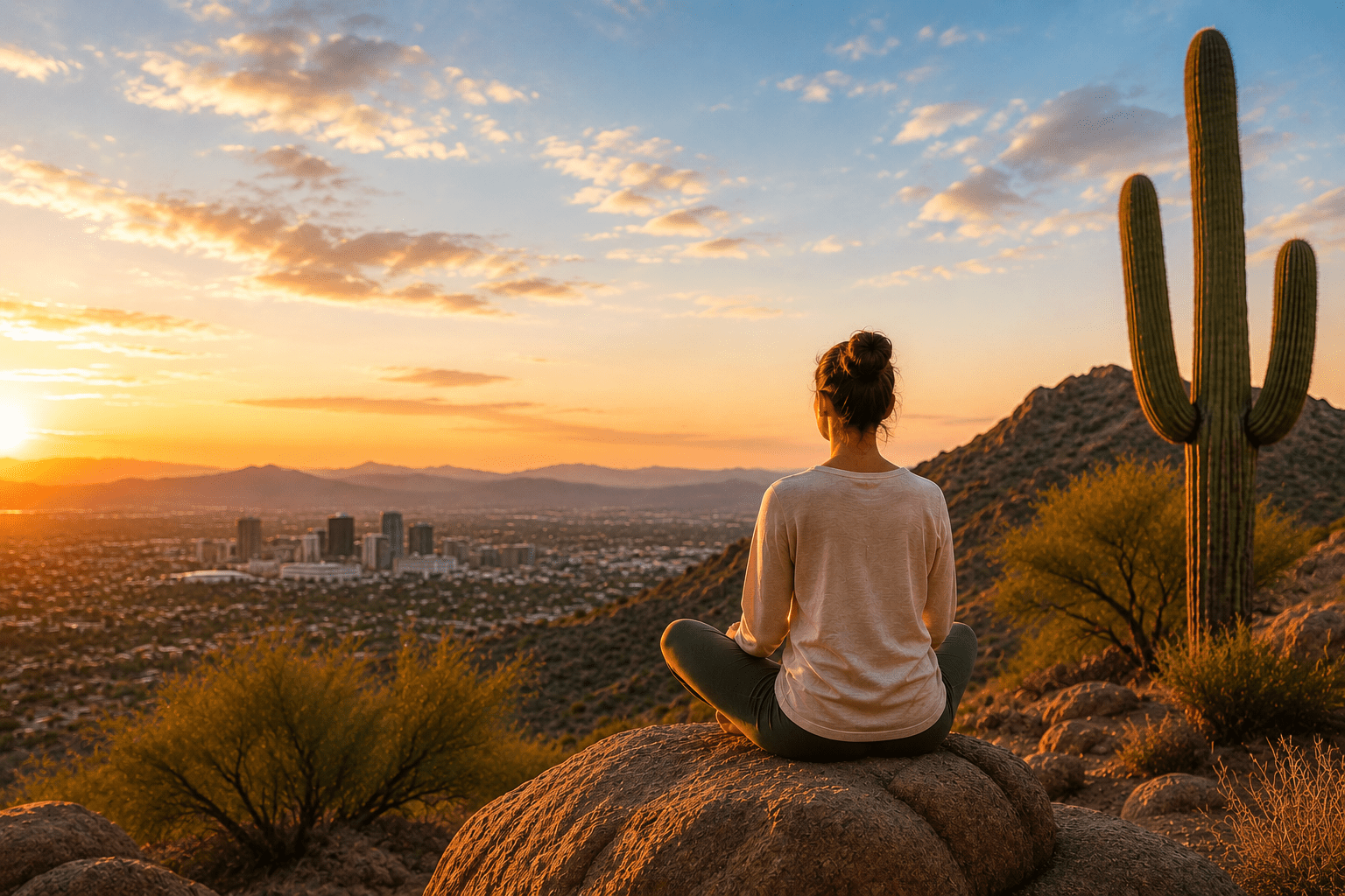 Woman meditating on a mountain overlooking Phoenix at sunset, surrounded by desert scenery and saguaro cacti, promoting mindfulness, stress relief, and holistic wellness.