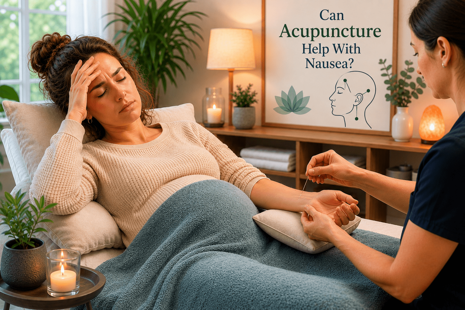 Acupuncturist applying a needle to the P6 point on a patient's wrist to relieve nausea, with the patient resting comfortably on a couch.