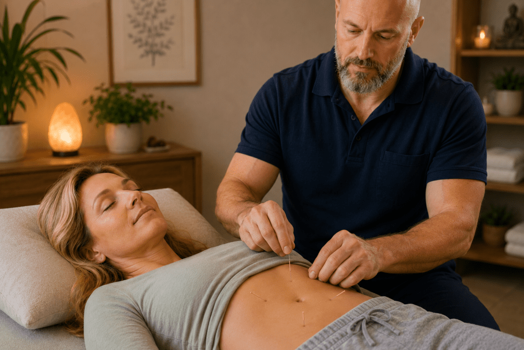 Licensed acupuncturist placing fine needles in a patient's abdomen during an acupuncture treatment for acid reflux and digestive support.