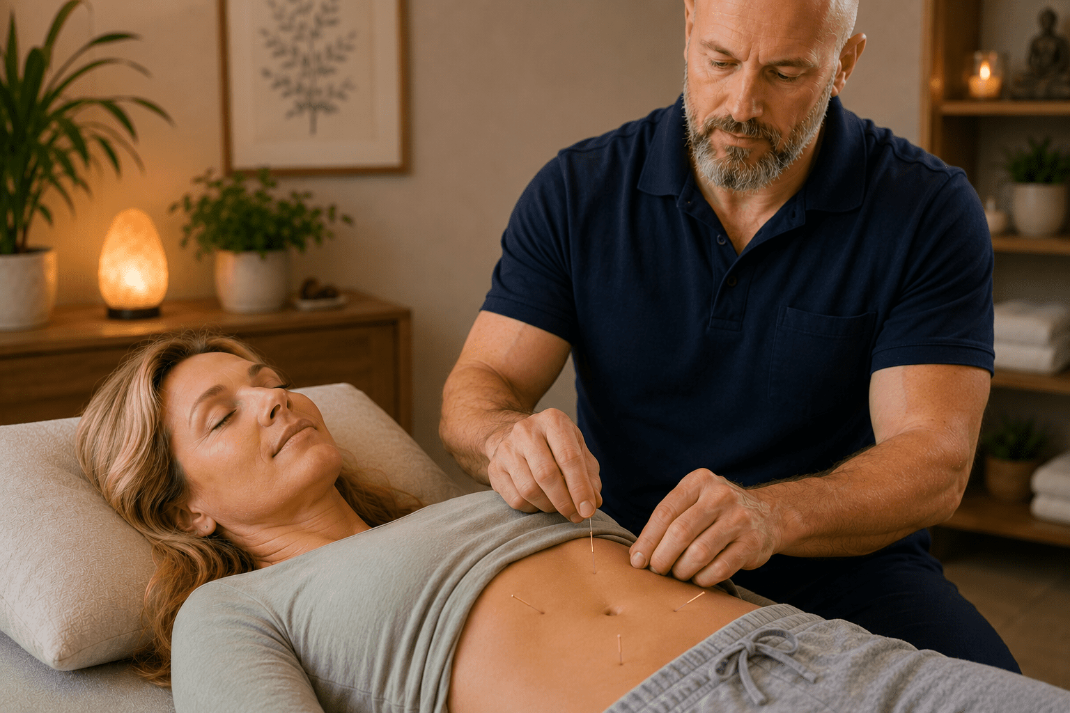 Licensed acupuncturist placing fine needles in a patient's abdomen during an acupuncture treatment for acid reflux and digestive support.