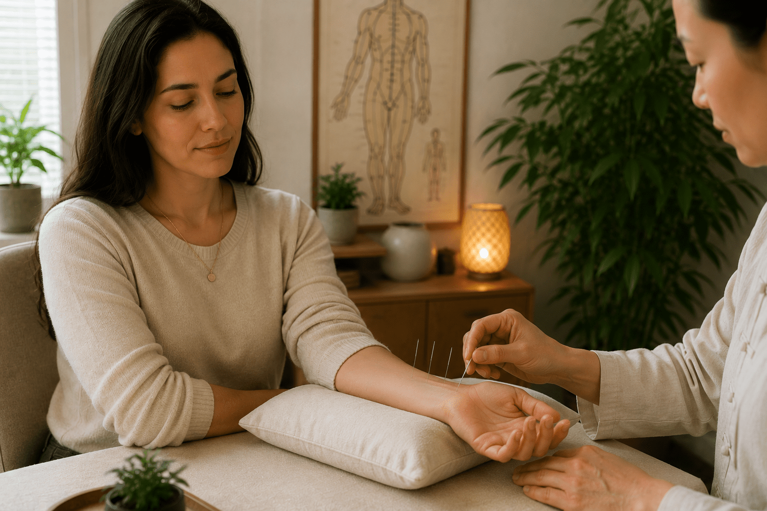 Licensed acupuncturist placing fine needles along a patient's forearm during a seated acupuncture treatment for carpal tunnel syndrome.