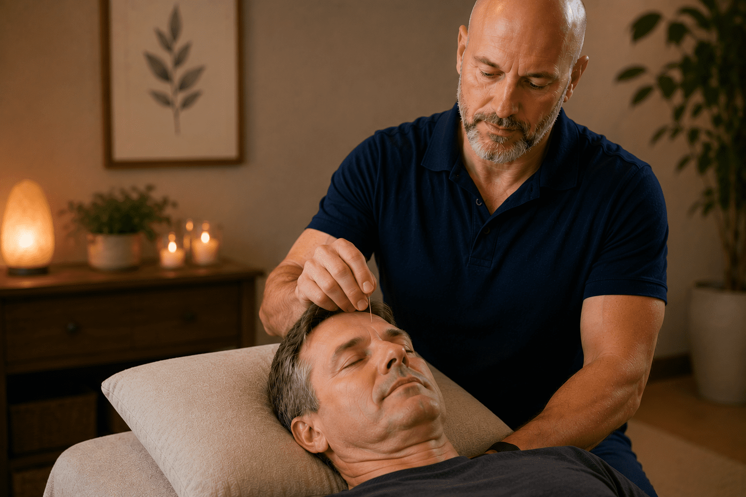 Licensed acupuncturist placing a fine needle on a male patient's forehead during a treatment session in a calm, warmly lit clinic setting.