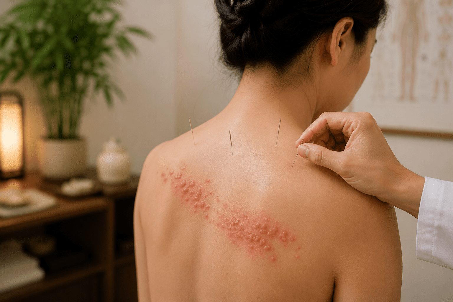 Licensed acupuncturist placing fine needles near a shingles rash on a patient's upper back, following the dermatomal pattern characteristic of the condition.