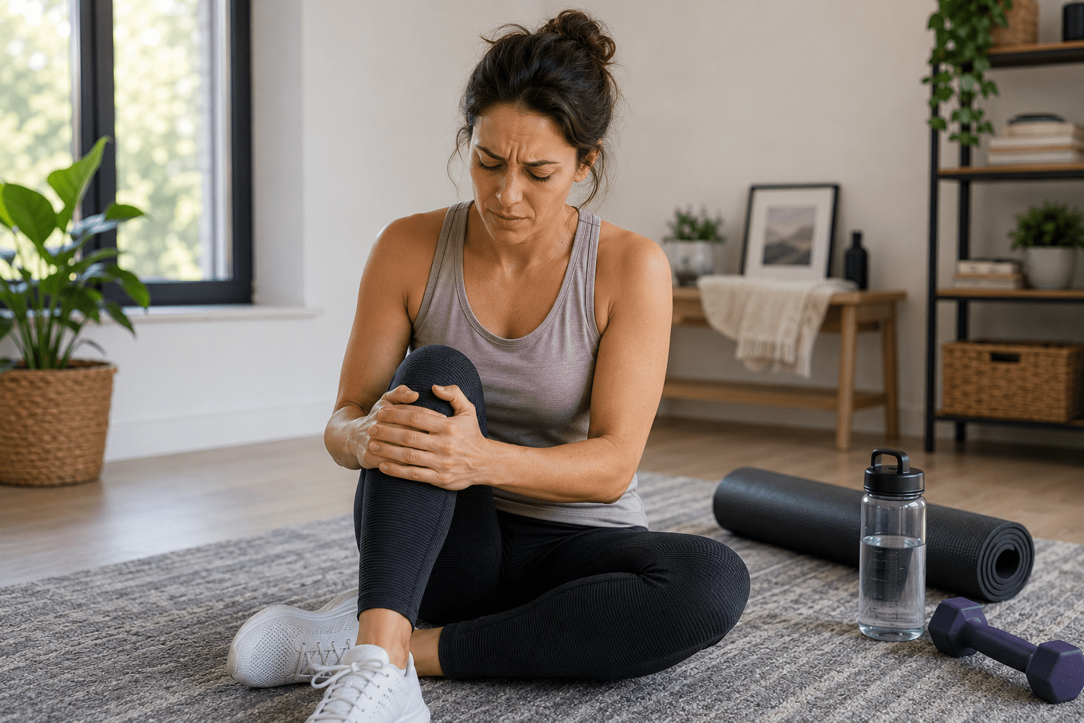 Woman holding her knee in pain after exercising at home, illustrating the experience of chronic pain and how the mind shapes the body's pain response.