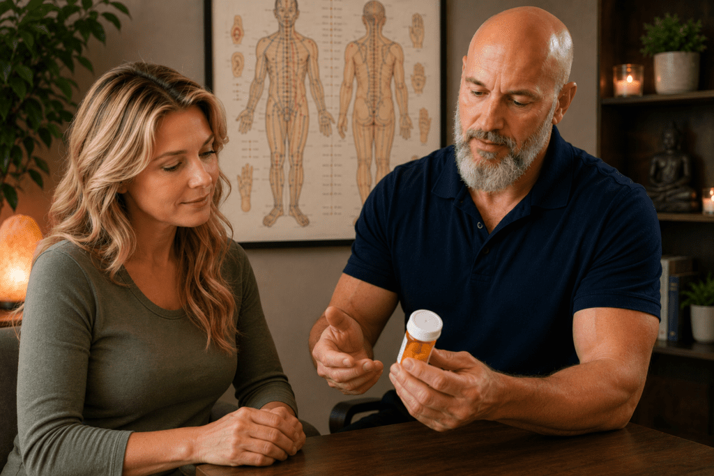 Licensed acupuncturist reviewing a patient's pain medication during a consultation, with an acupuncture meridian chart visible in the background.