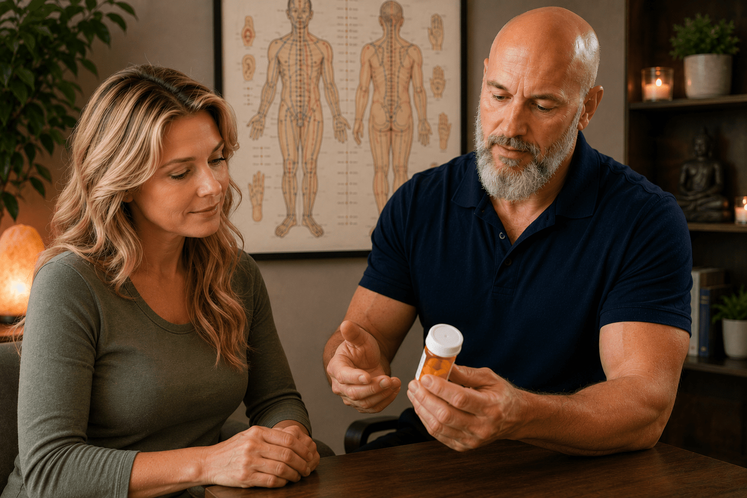 Licensed acupuncturist reviewing a patient's pain medication during a consultation, with an acupuncture meridian chart visible in the background.