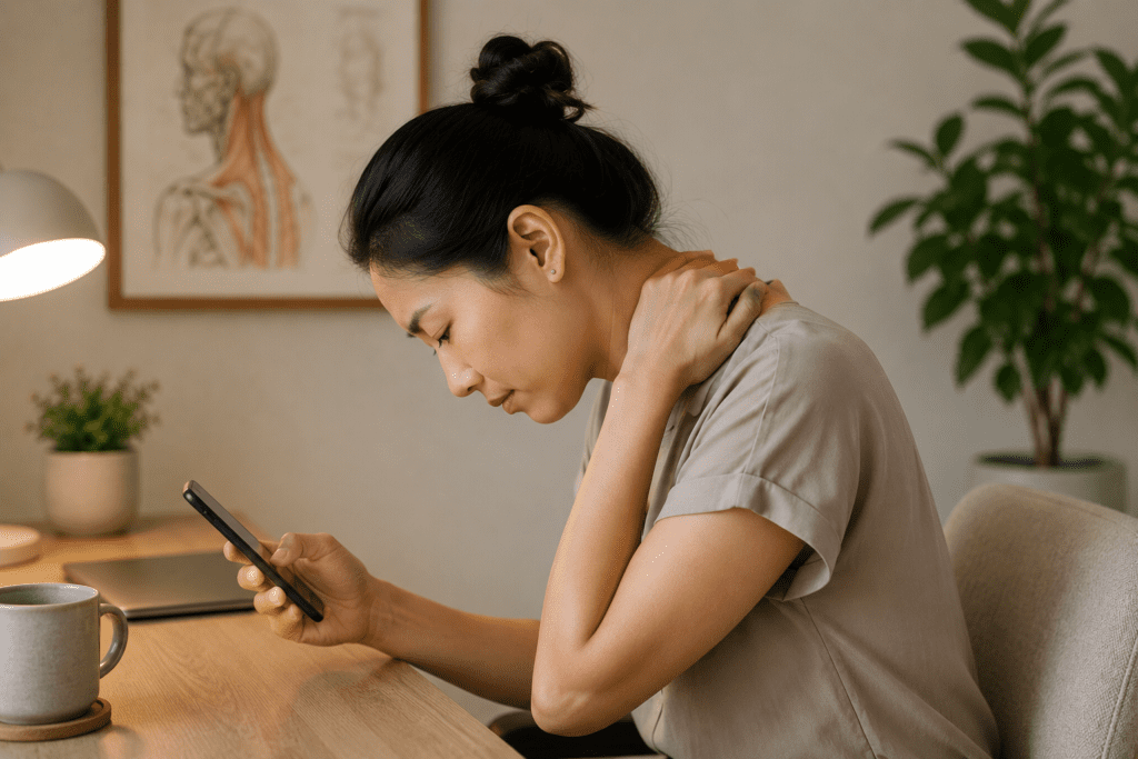 Woman sitting at a desk looking down at her phone with her head tilted forward, reaching back to massage the chronic neck pain caused by tech neck.