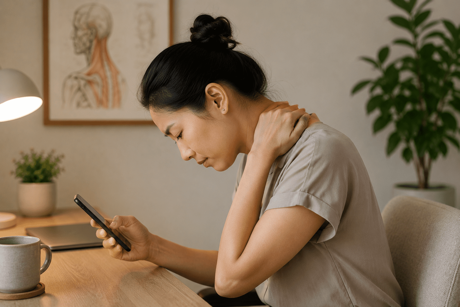 Woman sitting at a desk looking down at her phone with her head tilted forward, reaching back to massage the chronic neck pain caused by tech neck.
