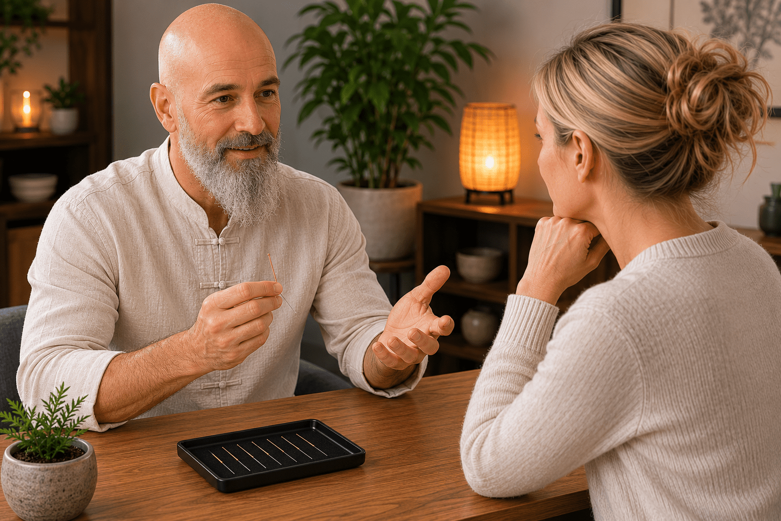 A bald, bearded male licensed acupuncturist holding a hair-thin needle while explaining a procedure to a blonde woman during a clinical consultation.