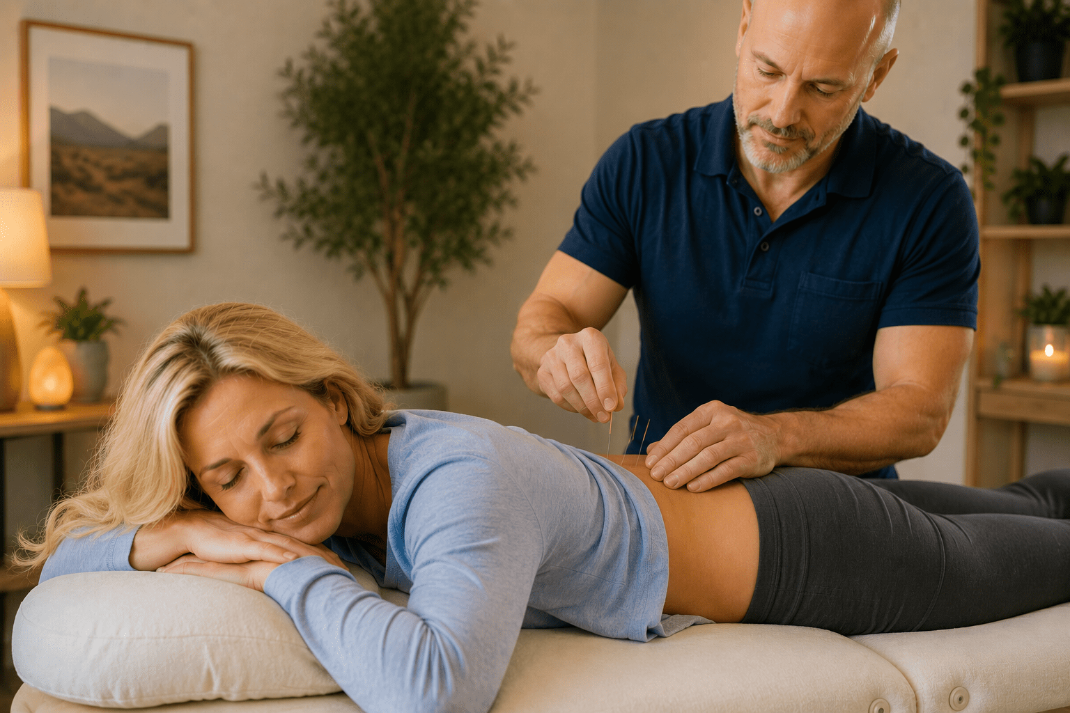 Licensed acupuncturist placing fine needles in a patient's lower back during a treatment session, with the patient resting peacefully on a treatment table.