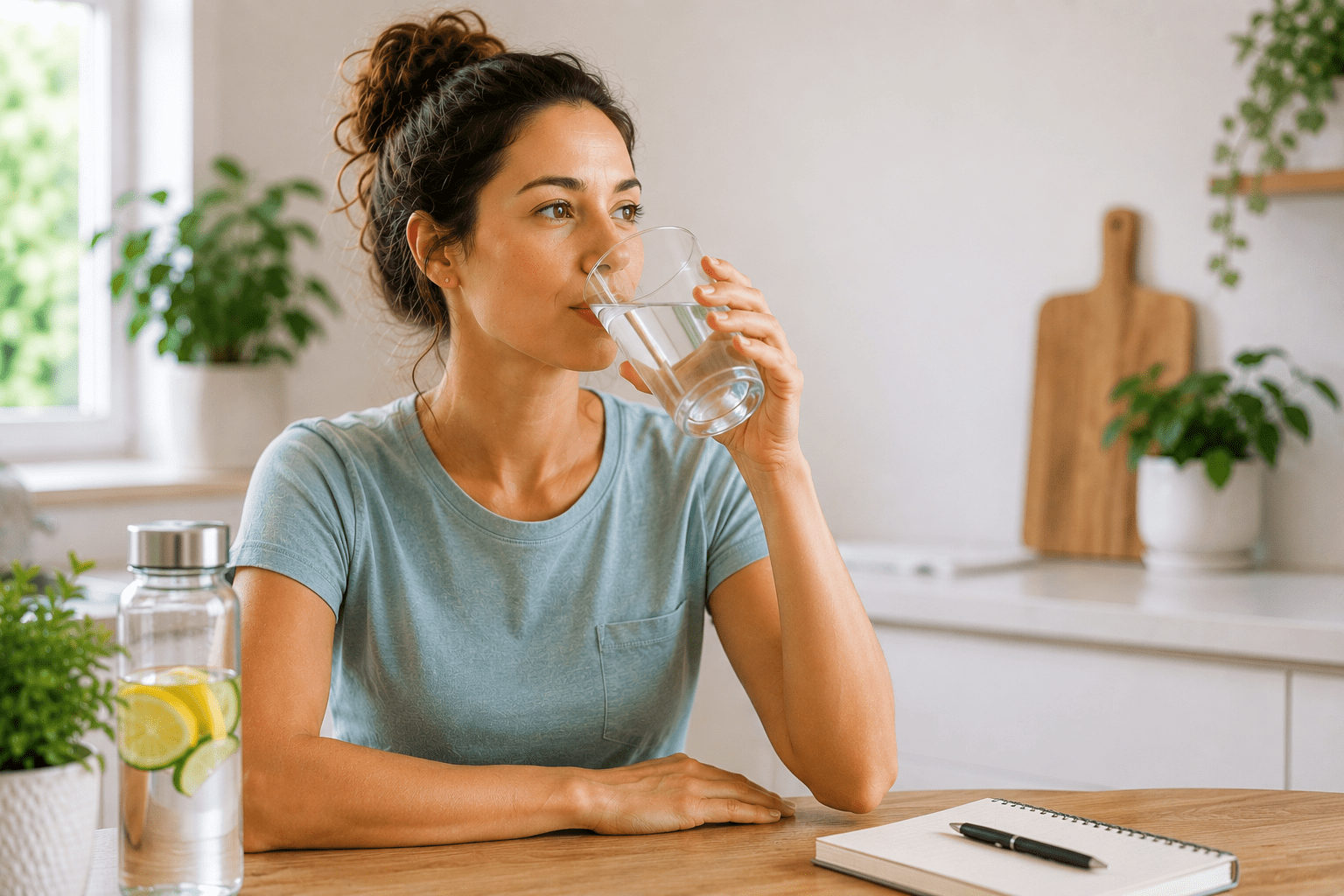 Woman drinking a glass of water at a kitchen table in soft morning light, with an infused water bottle nearby, illustrating an everyday moment of hydration.