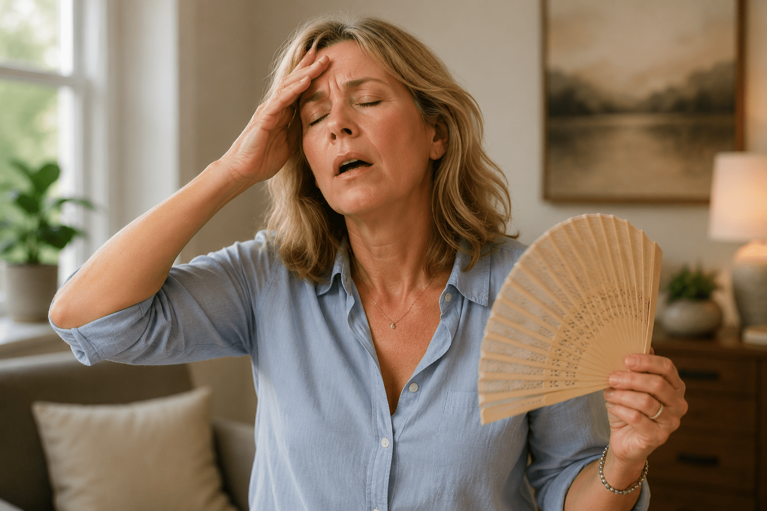 Woman fanning herself with one hand and pressing the other to her forehead during a hot flash, eyes closed against the rising heat.