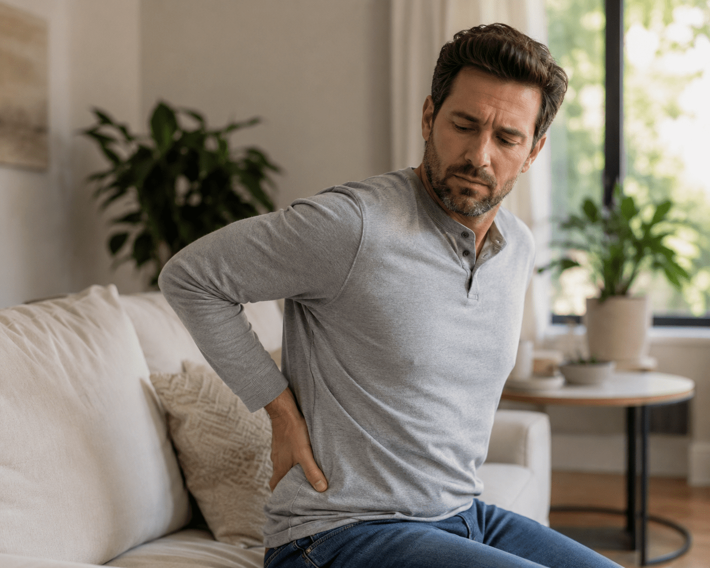 Man sitting on his couch with one hand pressed to his lower back, expression slightly pained, in the middle of a low back flare-up.