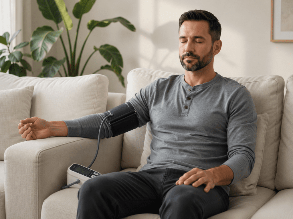Man sitting on his couch with eyes closed while wearing a blood pressure cuff, practicing calm breathing as part of his daily blood pressure management routine.