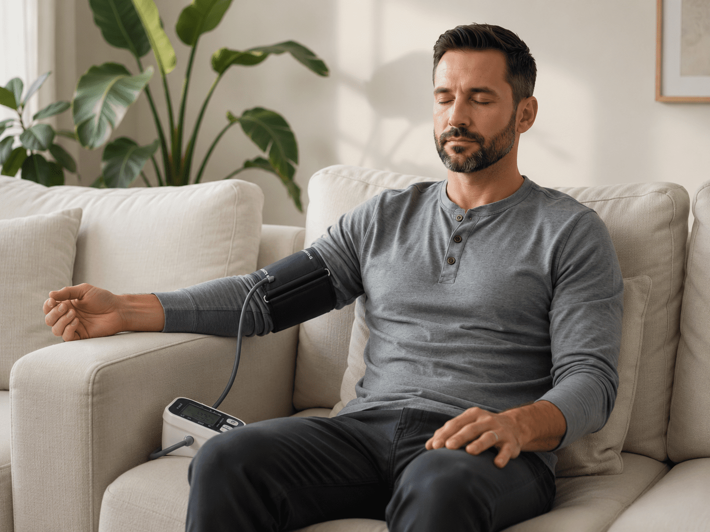 Man sitting on his couch with eyes closed while wearing a blood pressure cuff, practicing calm breathing as part of his daily blood pressure management routine.