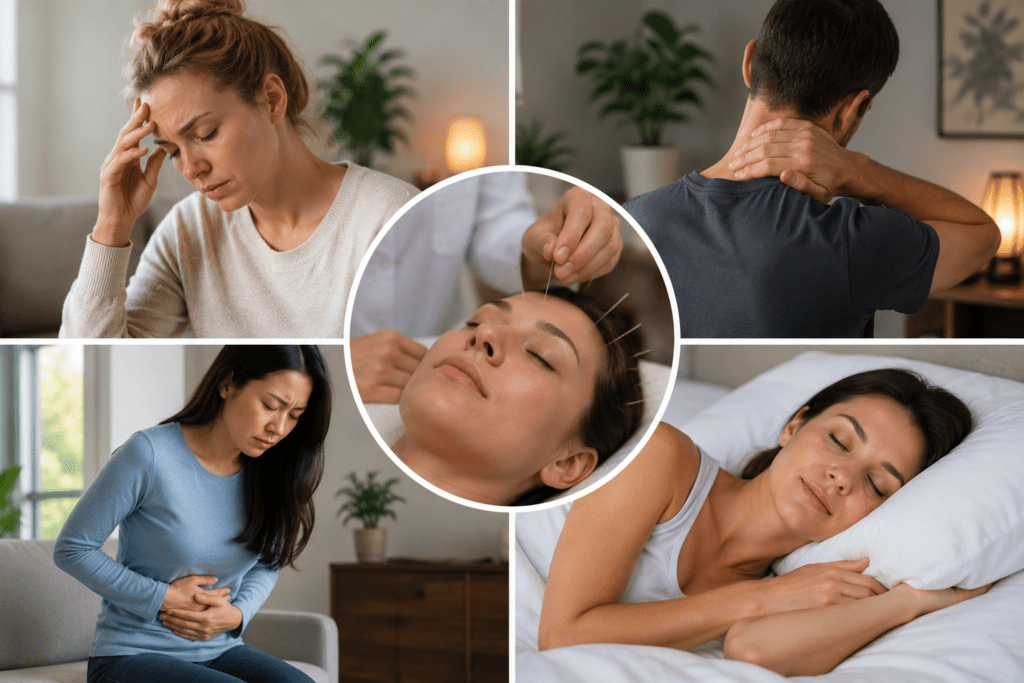 A photo collage featuring a central circular image of a resting acupuncture patient surrounded by four corner images depicting headache pain, neck pain, digestive discomfort, and peaceful sleep.