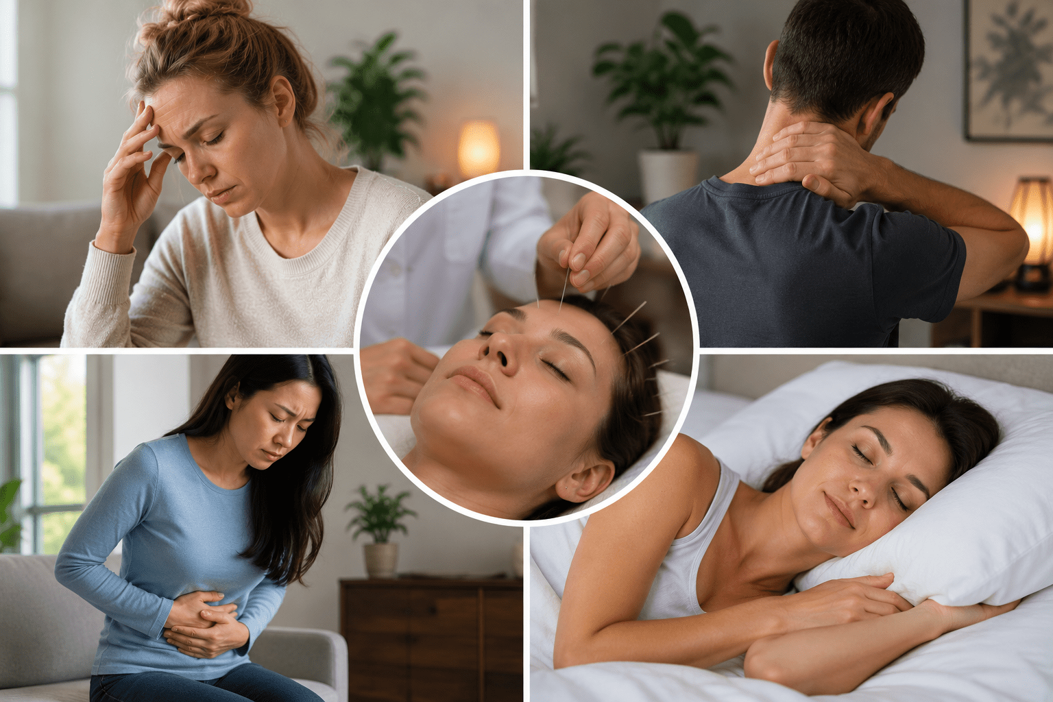 A photo collage featuring a central circular image of a resting acupuncture patient surrounded by four corner images depicting headache pain, neck pain, digestive discomfort, and peaceful sleep.