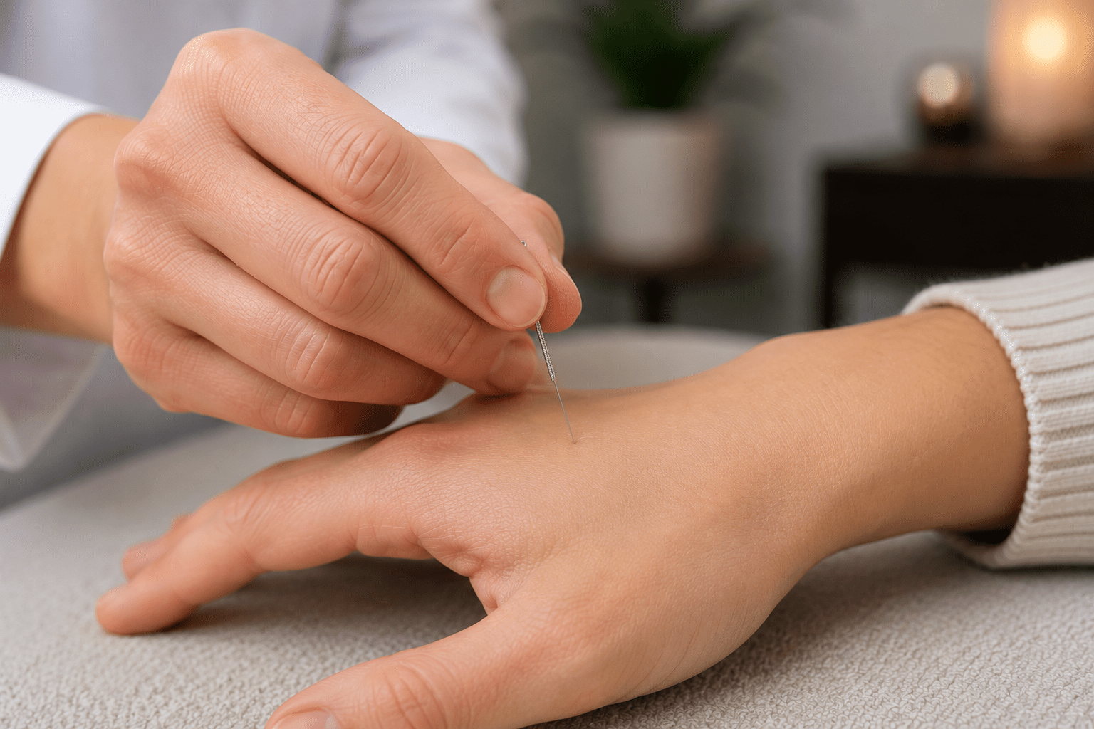 A close-up shot of a licensed acupuncturist precisely inserting a fine needle into the web space of a patient's hand.