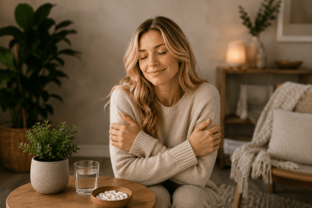 A calm woman sitting at a table with her eyes closed in a warm, cozy home environment, with a glass of water and a bowl of dietary supplement capsules nearby, representing natural mood support and self-care.