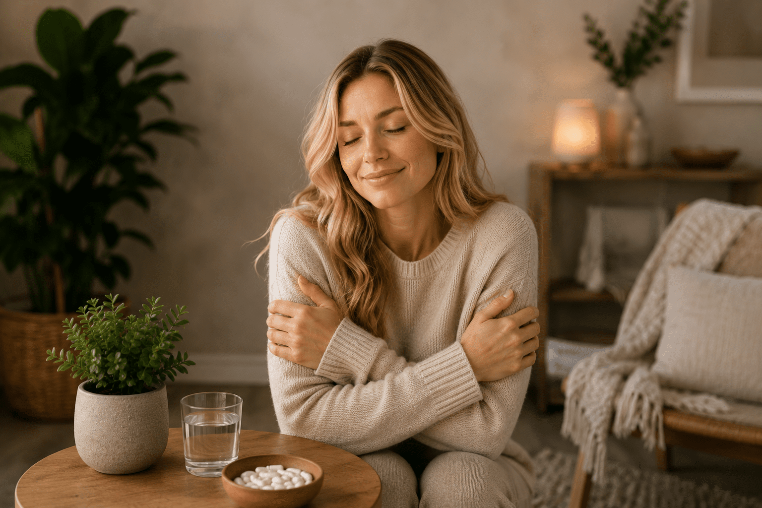 A calm woman sitting at a table with her eyes closed in a warm, cozy home environment, with a glass of water and a bowl of dietary supplement capsules nearby, representing natural mood support and self-care.