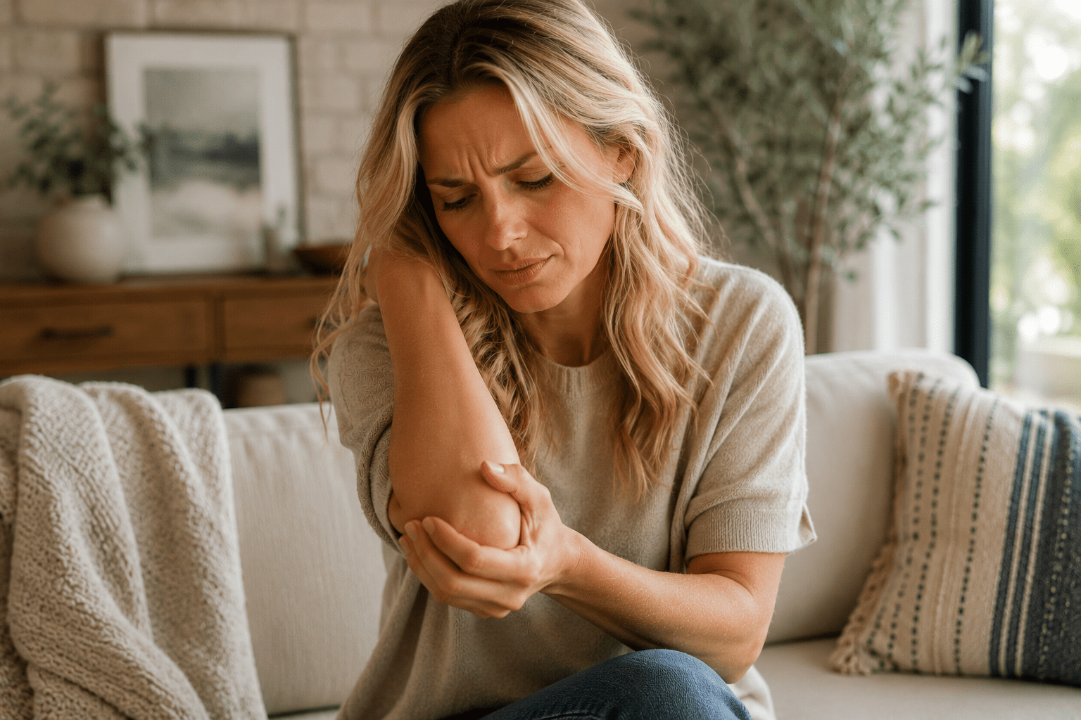 A blonde woman sitting on a living room sofa, holding her painful elbow with a distressed and wincing expression due to chronic joint inflammation.