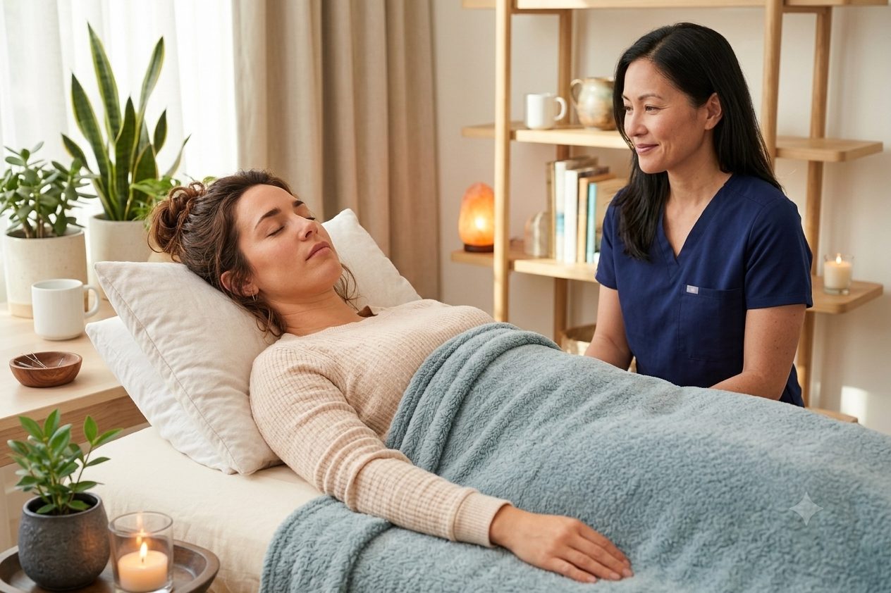 Patient resting peacefully under a blanket on a treatment table after an acupuncture session, with the practitioner observing nearby in a warm clinic setting.