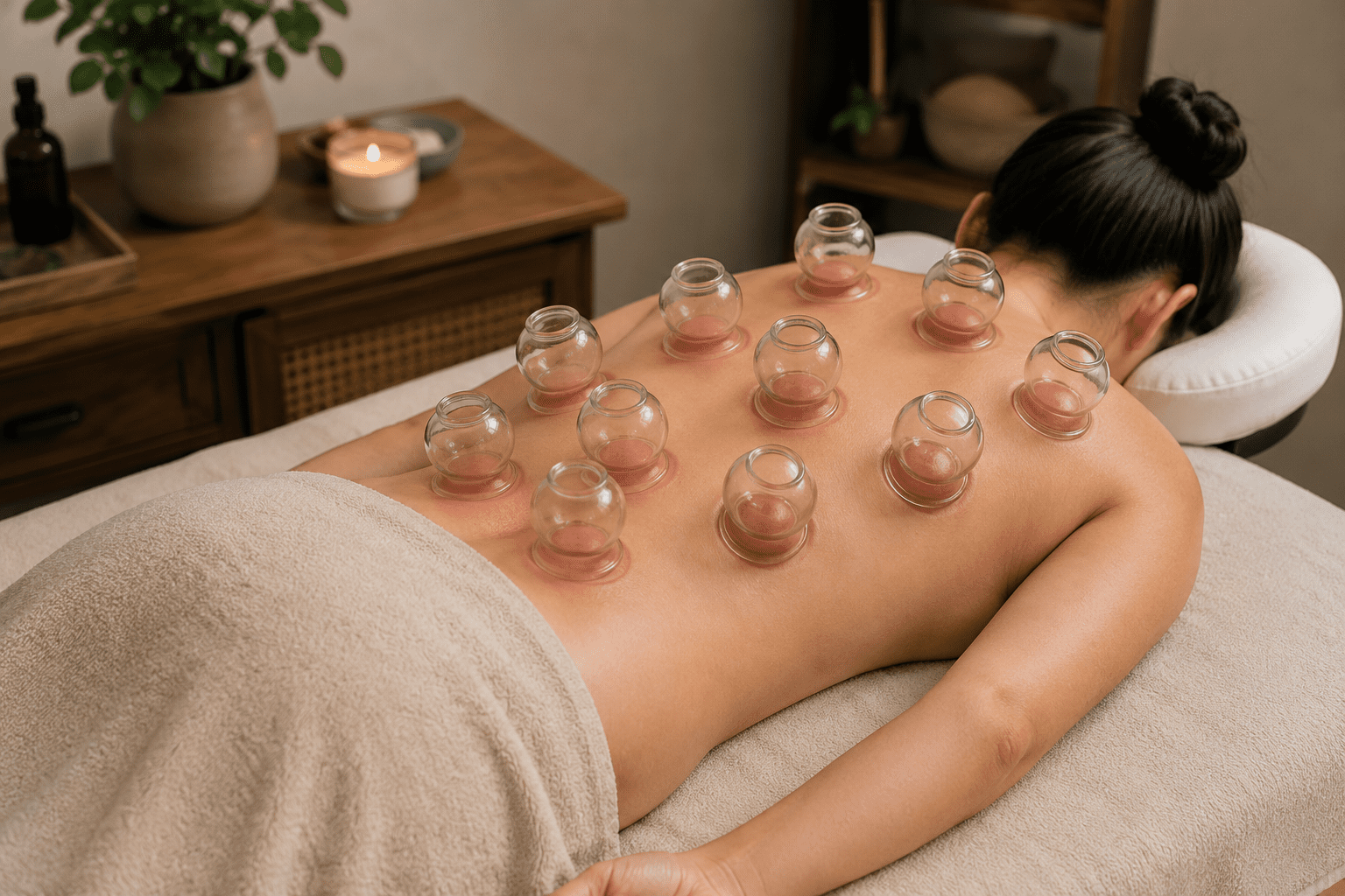 Patient resting peacefully on a treatment table with glass fire cups applied along her back during a cupping session in a warm clinic setting.