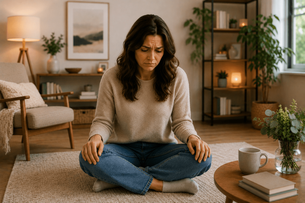 Woman sitting cross-legged on a living room floor with a worried expression, illustrating chronic anxiety and the constant low-grade worry that many adults experience daily.