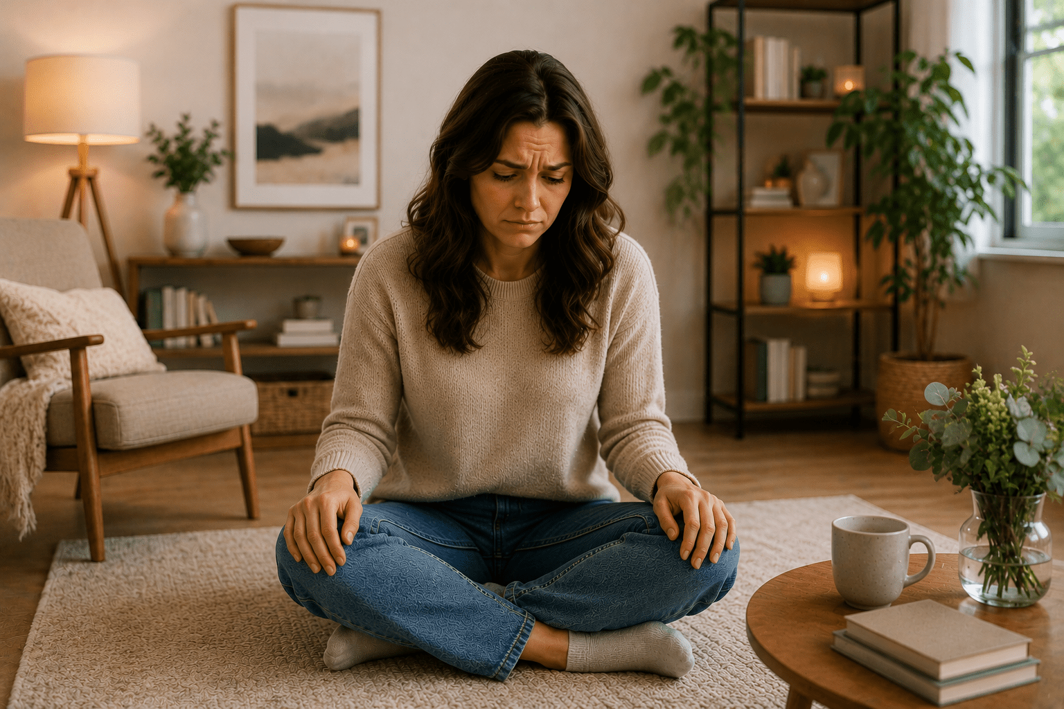 Woman sitting cross-legged on a living room floor with a worried expression, illustrating chronic anxiety and the constant low-grade worry that many adults experience daily.