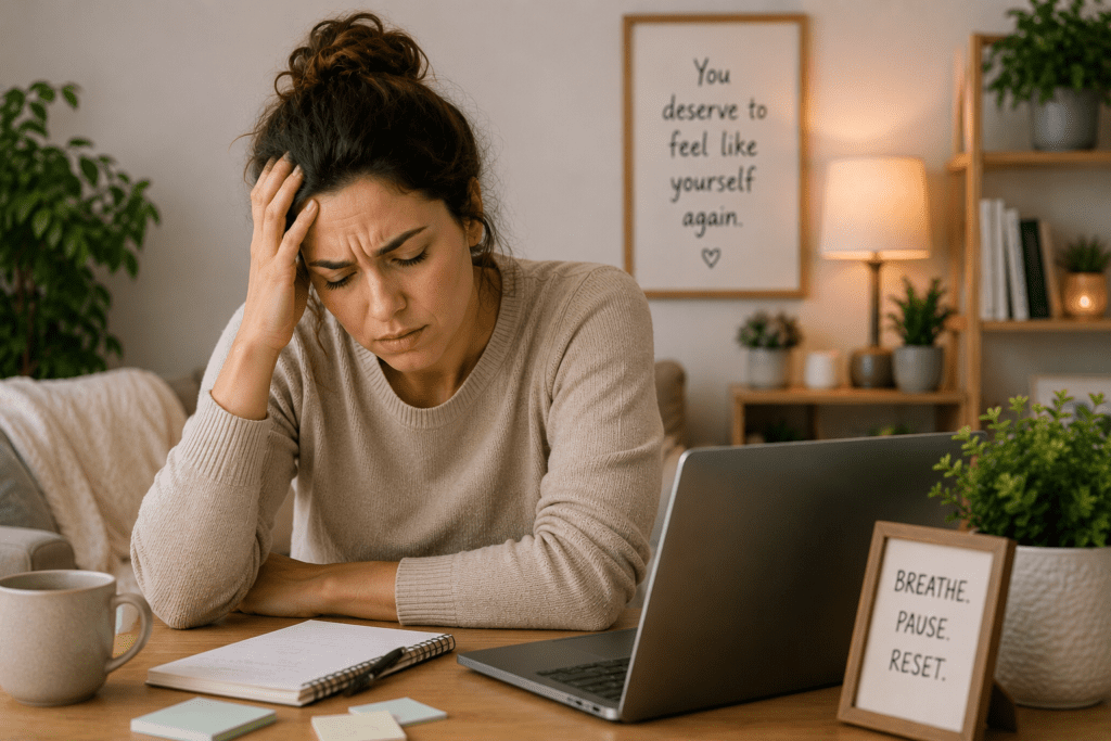 Woman sitting at a desk with her head resting on her hand, showing the quiet exhaustion of chronic frustration during daily work and life demands.