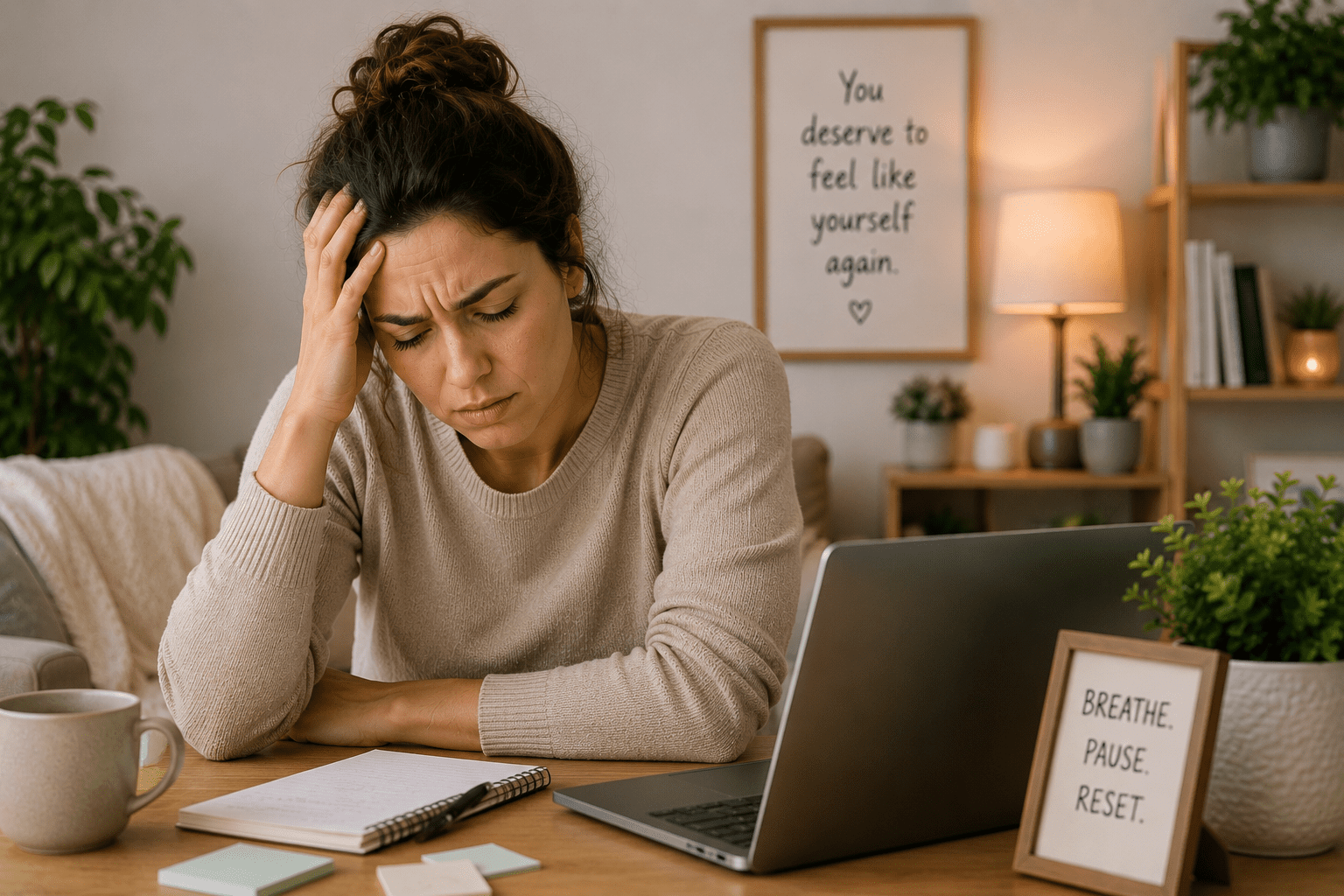 Woman sitting at a desk with her head resting on her hand, showing the quiet exhaustion of chronic frustration during daily work and life demands.