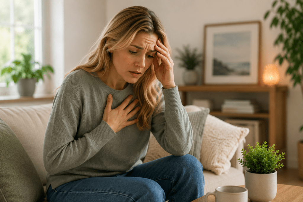 A woman sitting on a couch in a bright living room, looking distressed and anxious with her hand placed over her chest and her other hand on her forehead, symbolizing the physical discomfort of a panic attack.