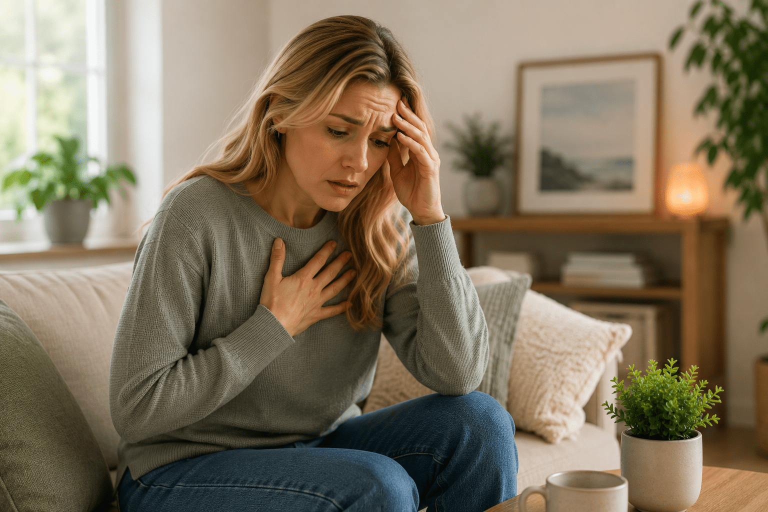 A woman sitting on a couch in a bright living room, looking distressed and anxious with her hand placed over her chest and her other hand on her forehead, symbolizing the physical discomfort of a panic attack.