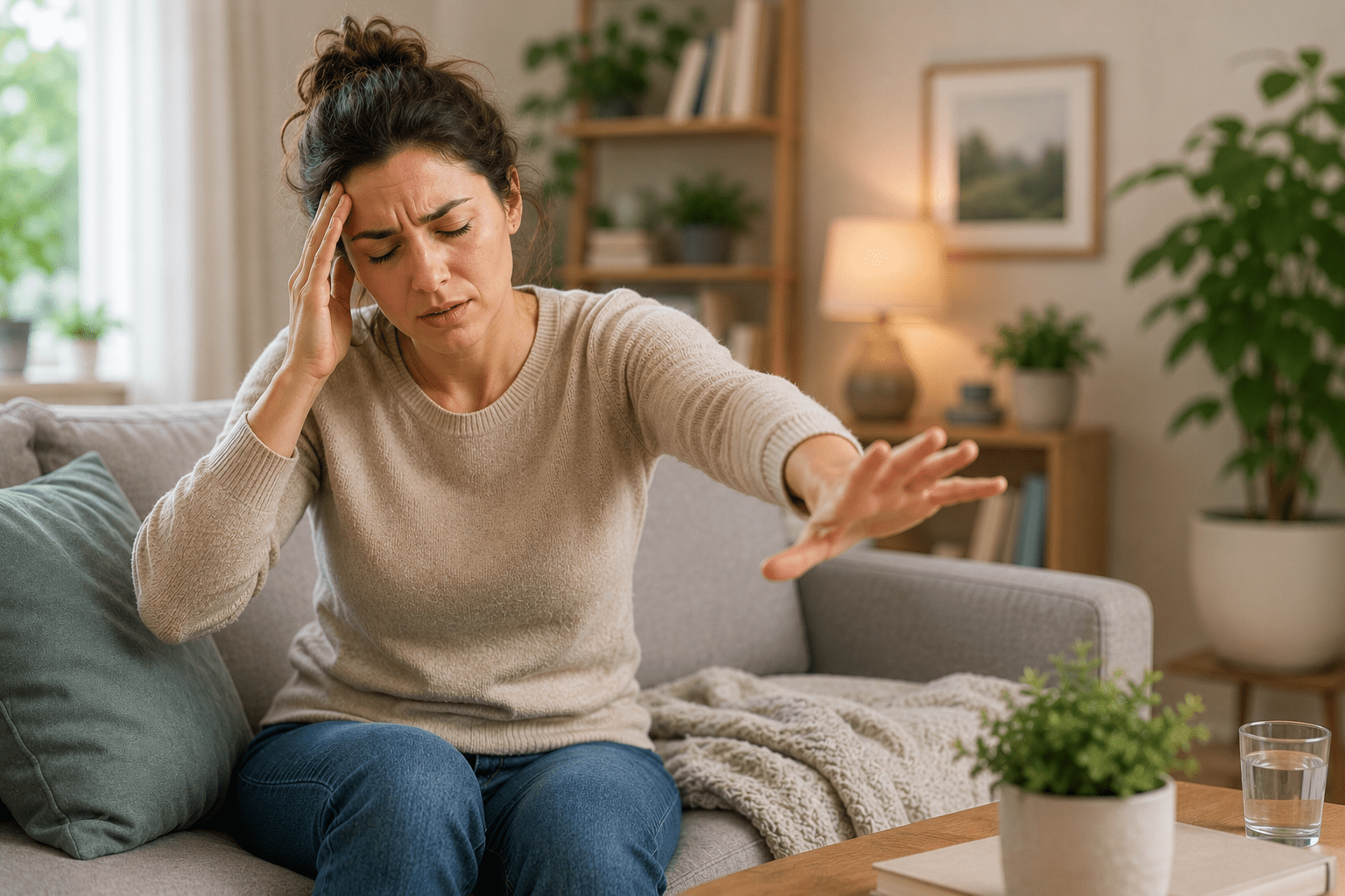Woman experiencing dizziness while sitting on a couch, reaching out for support as she struggles with balance and lightheadedness in her home.