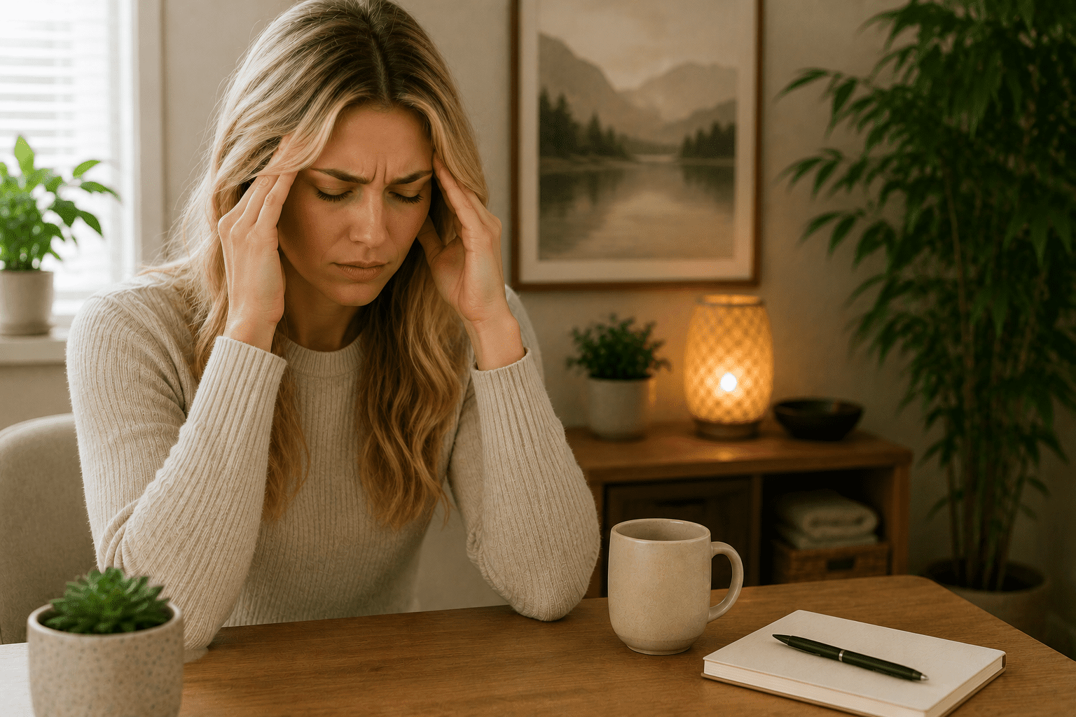 Woman sitting at her kitchen table with her hands pressed to her temples and eyes closed in pain, illustrating the experience of a chronic migraine attack.