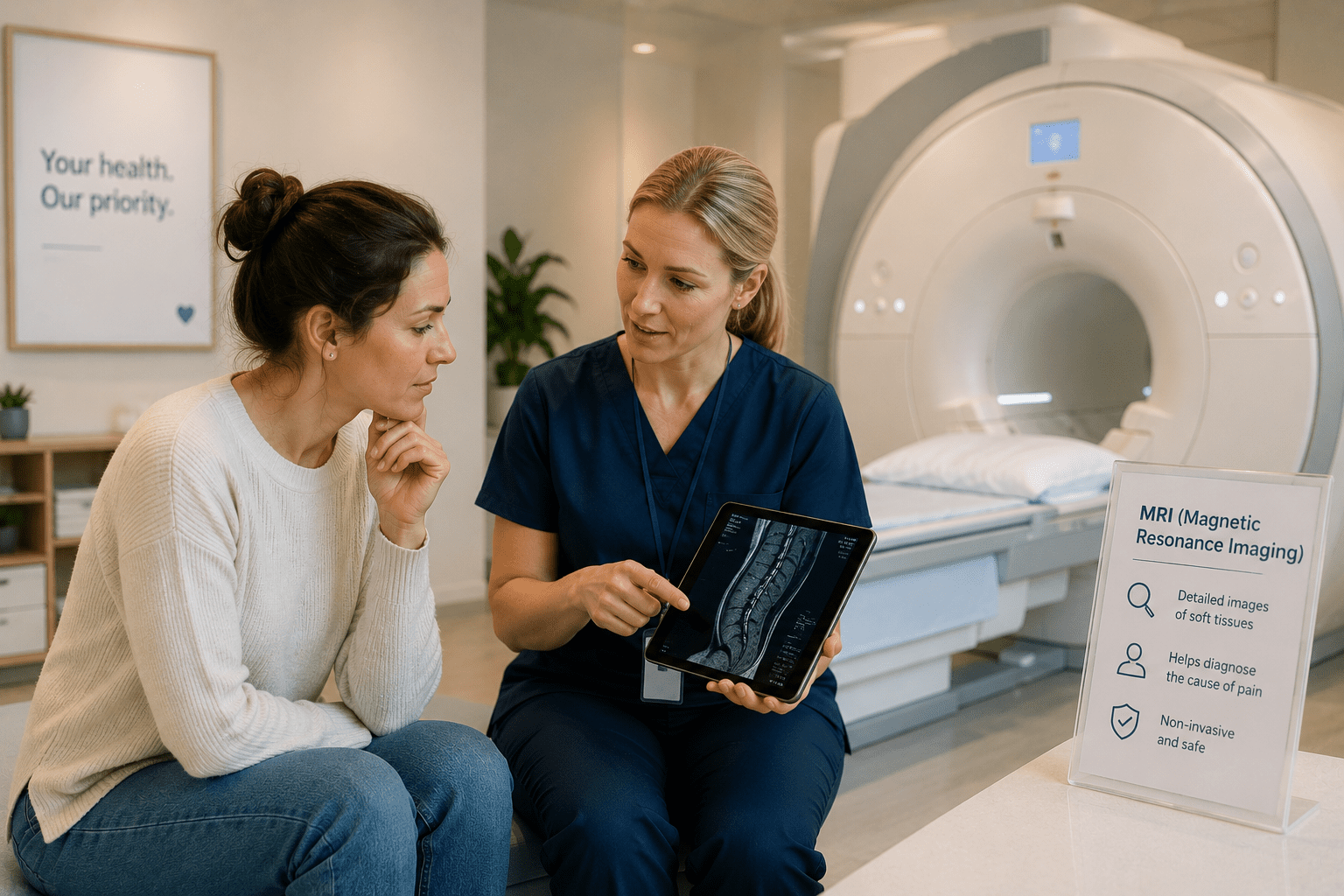 Patient speaking with a healthcare provider in front of an MRI machine while reviewing spinal imaging to help diagnose the cause of chronic pain and neurological symptoms.