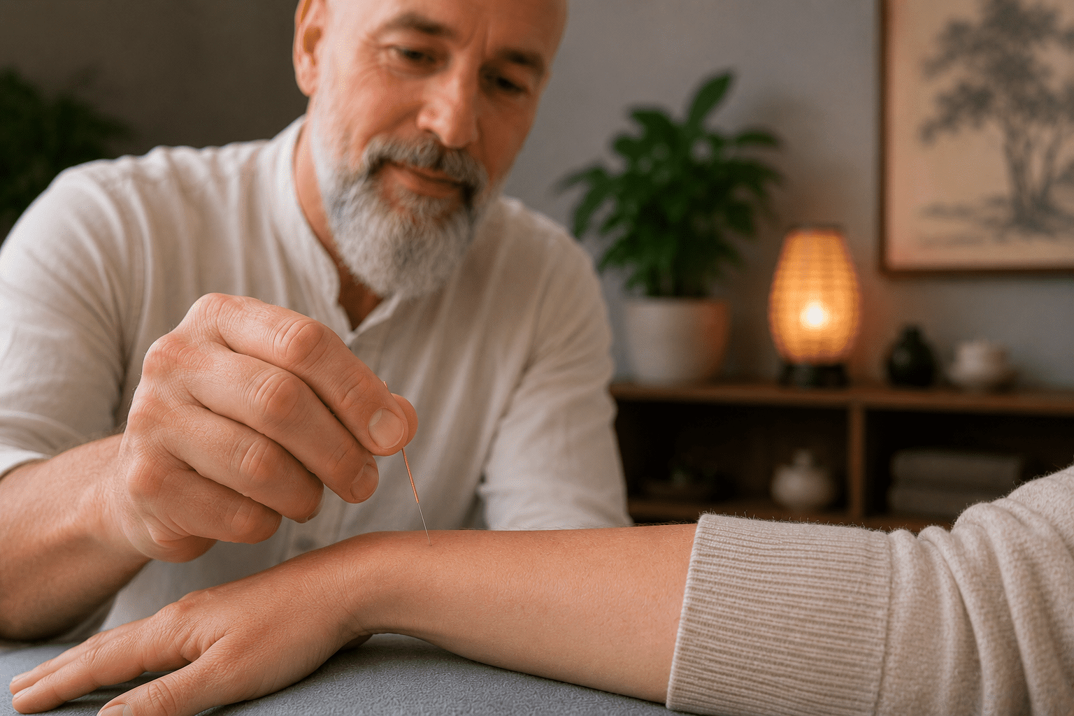 A close-up shot of a male licensed acupuncturist calmly and precisely inserting a hair-thin needle into a patient's wrist during a treatment session.