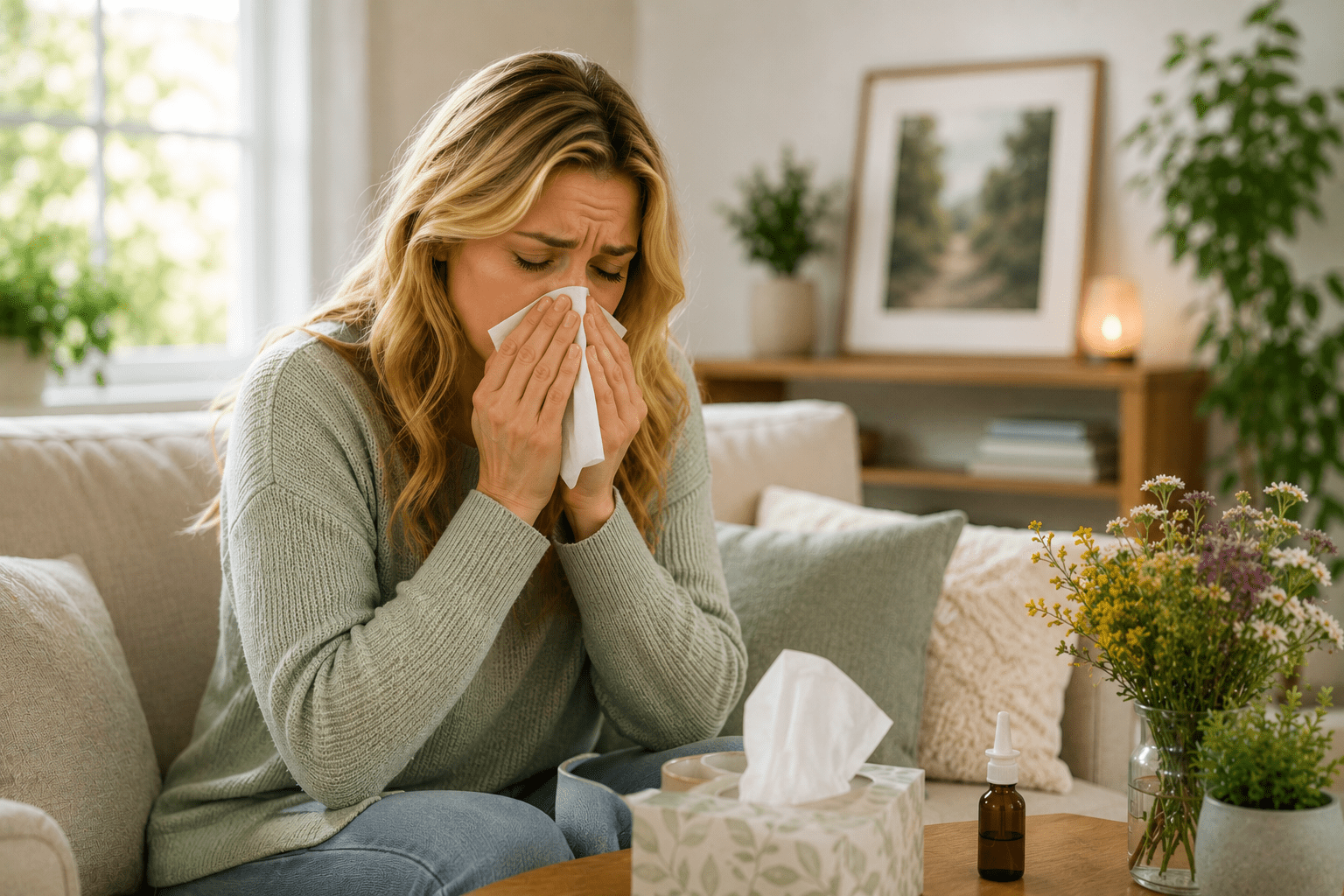 A woman sitting on a couch blowing her nose into a tissue, with a box of tissues and a small bottle of nasal spray on the coffee table in front of her.