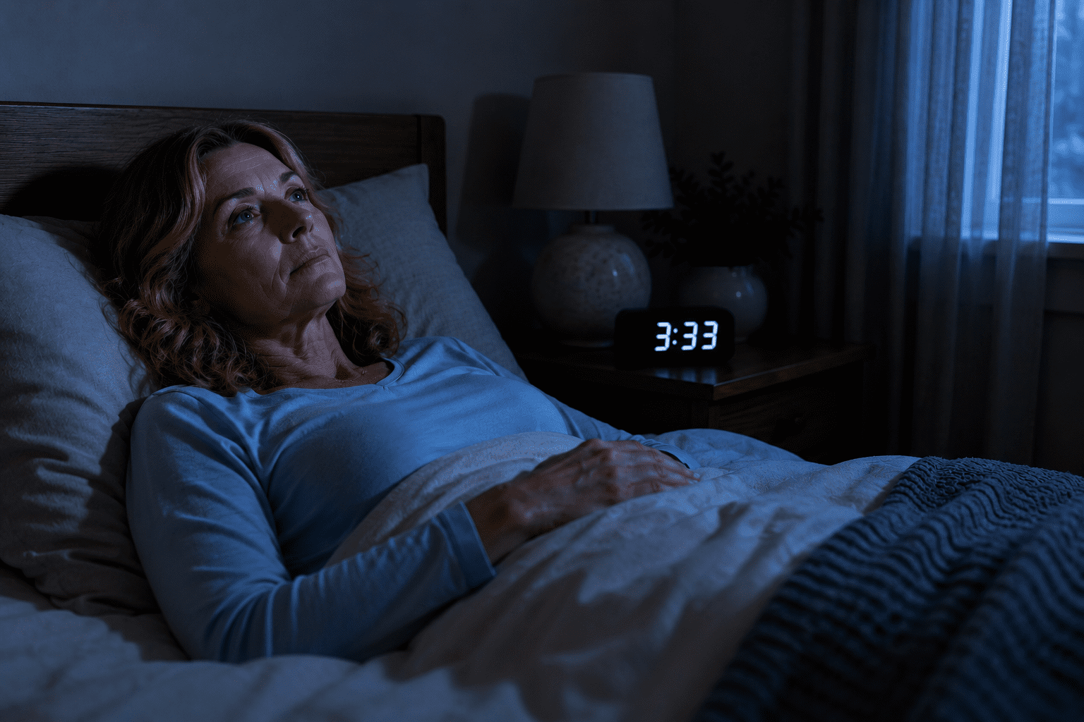 Woman lying awake in bed at 3am with eyes open looking up at the ceiling, a digital clock showing 3:33 on the nightstand.
