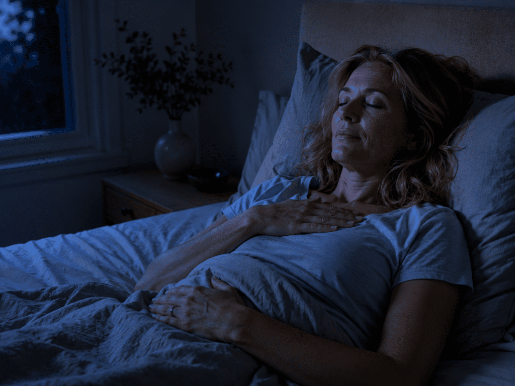 Woman lying in bed at 3am with her eyes closed, hands resting on her chest and abdomen, doing a body scan from feet to head.