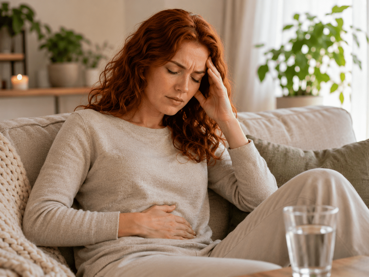 Woman sitting on her couch with one hand pressed to her stomach and the other to her temple, eyes closed during a wave of nausea.