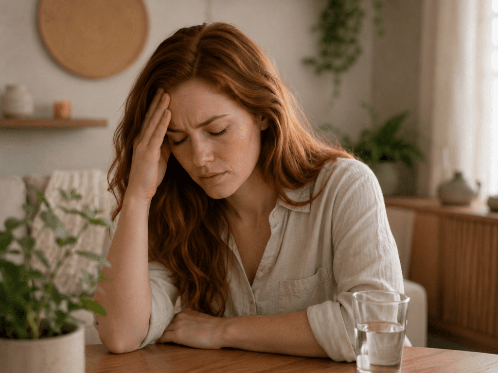 Woman sitting at her kitchen table with her hand pressed to her temple and eyes closed in pain, dealing with a headache.