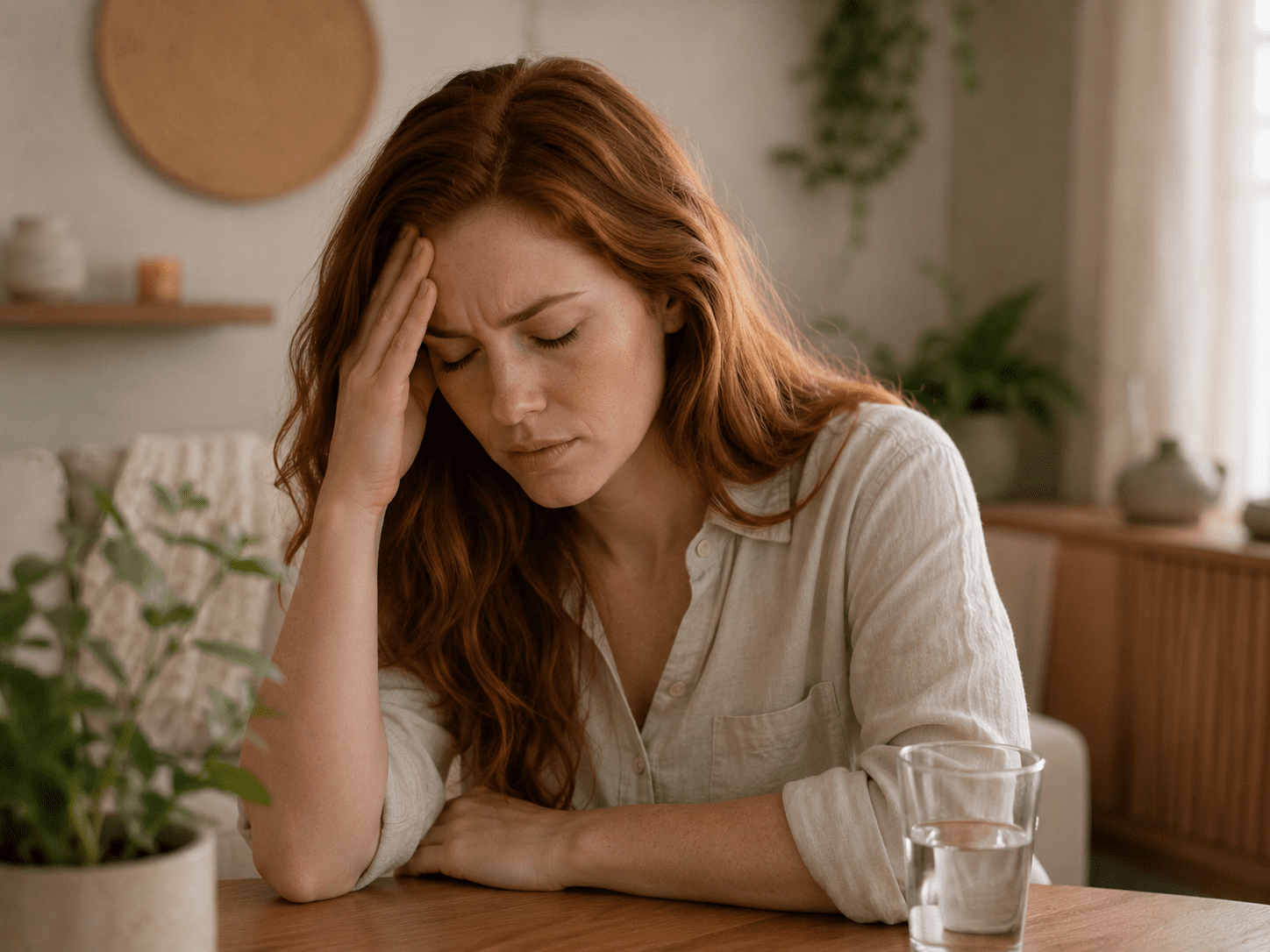 Woman sitting at her kitchen table with her hand pressed to her temple and eyes closed in pain, dealing with a headache.