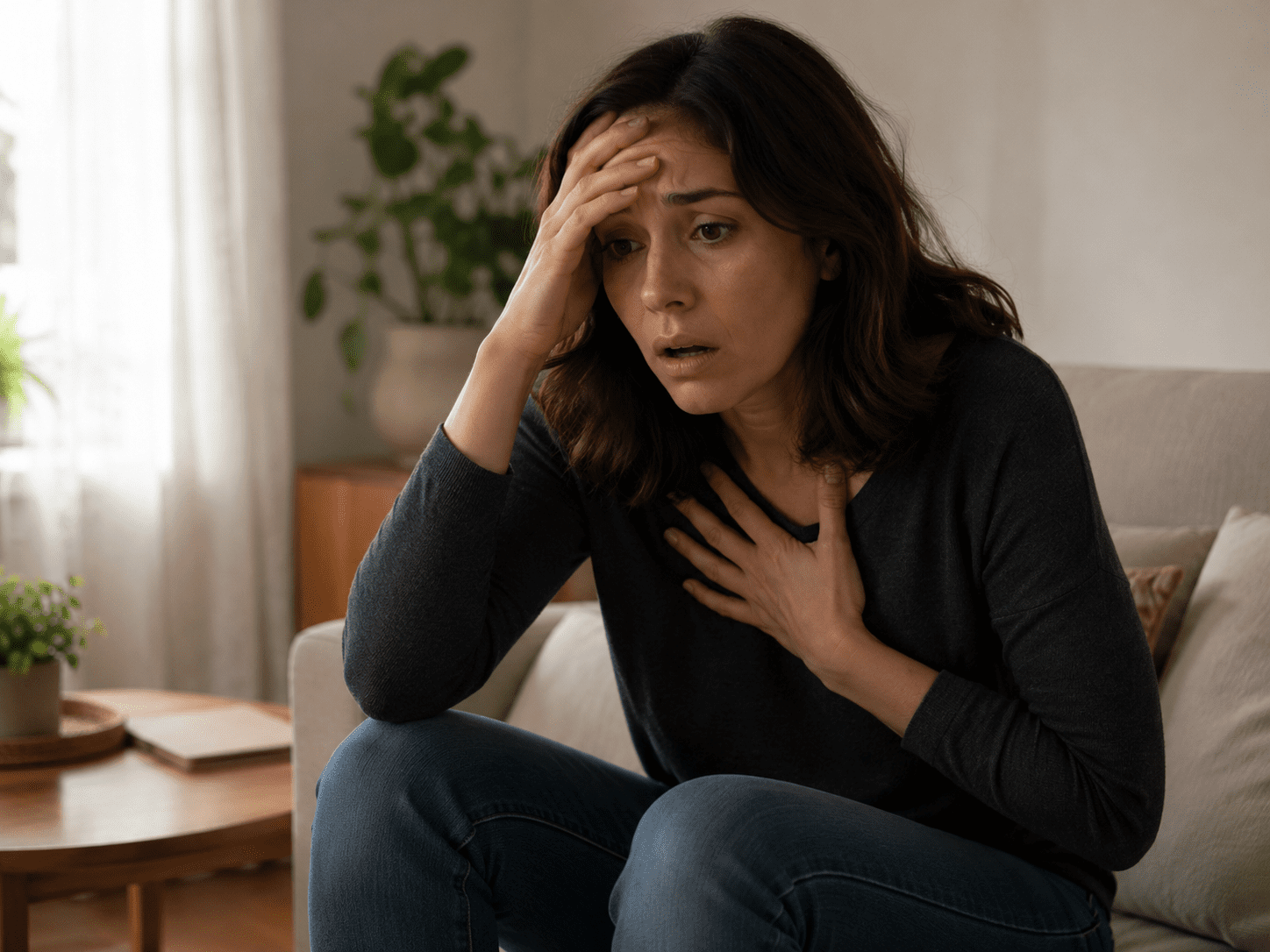 Woman sitting on her couch with one hand pressed to her forehead and the other on her chest during a panic attack, breathing shallowly with a worried expression.
